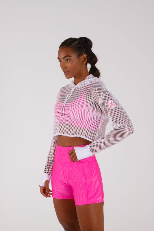 Heart White Long Sleeve Mesh Hoodie